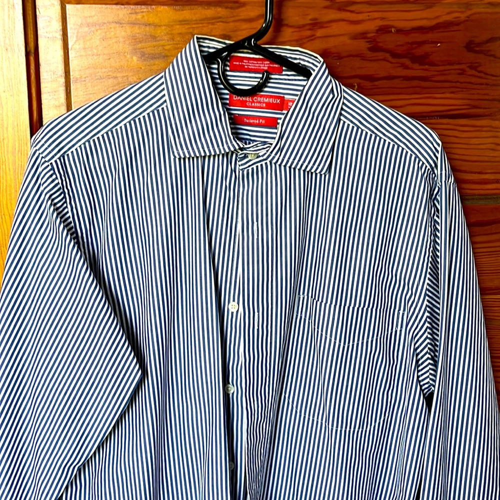 Blue and white pinstriped, dress shirt, you size large